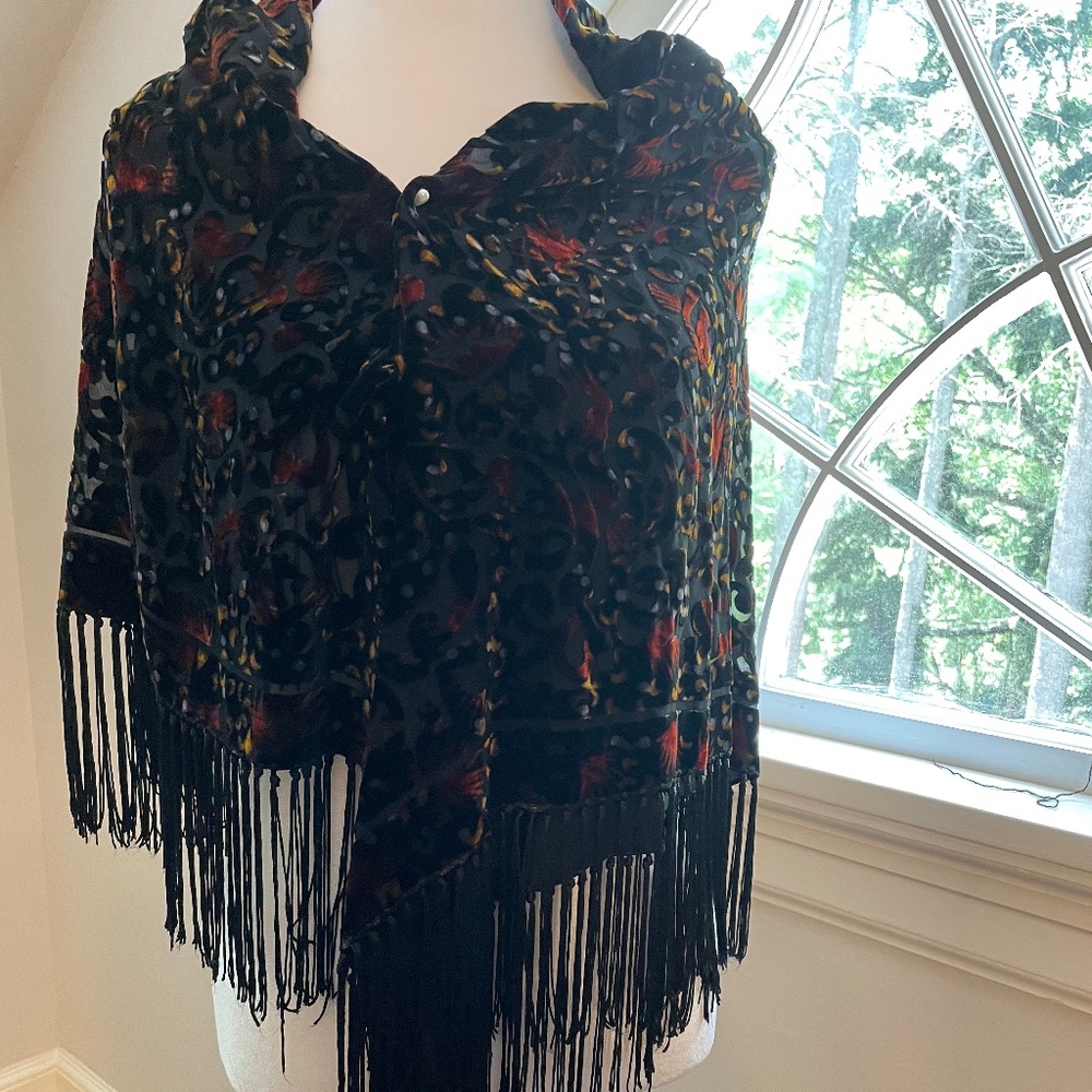 Silk and Velvet Appliqué Shawl/Wrap 43"X40" Long Fringe